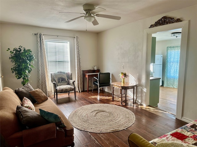 living area with ceiling fan and hardwood / wood-style floors