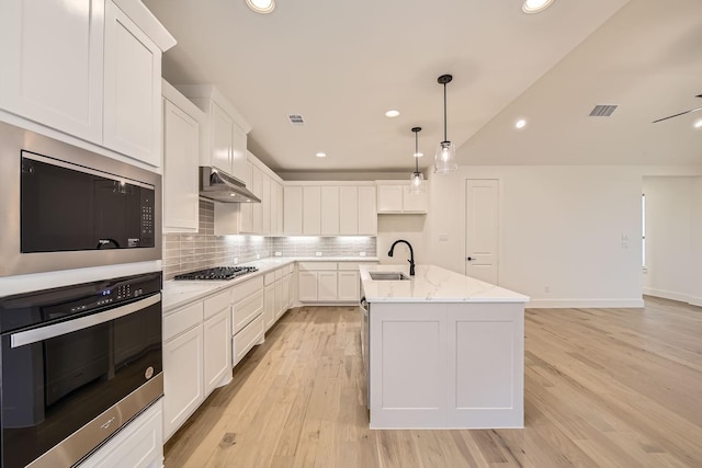 kitchen with sink, white cabinetry, light stone counters, stainless steel appliances, and a kitchen island with sink