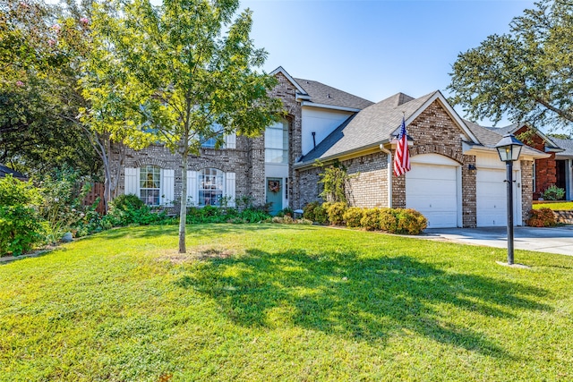 view of front of home with a front yard and a garage