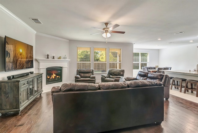 living room with dark wood-type flooring, crown molding, and ceiling fan