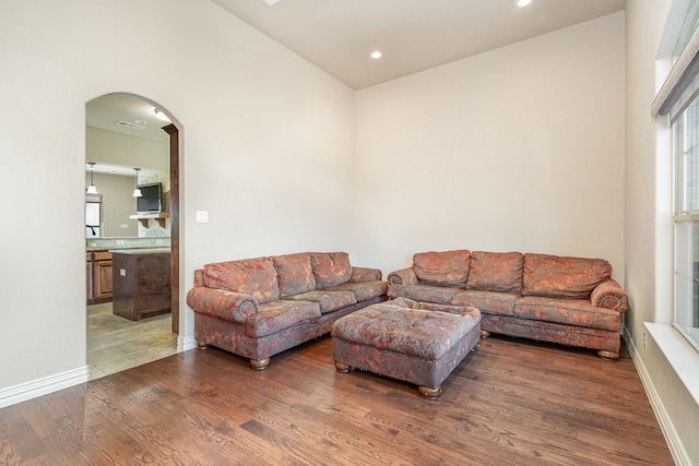 living room with dark hardwood / wood-style flooring