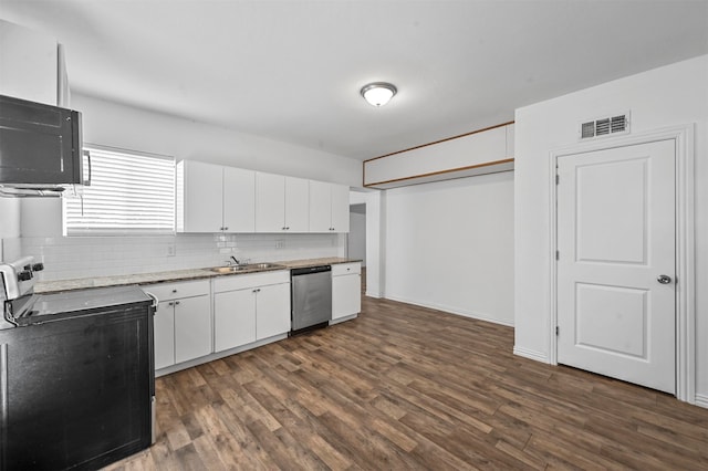 kitchen featuring electric stove, dishwasher, dark hardwood / wood-style floors, and white cabinets