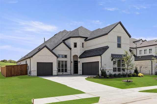 french country style house with a front lawn and a garage