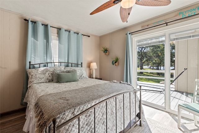 bedroom with ceiling fan, hardwood / wood-style flooring, access to outside, and ornamental molding