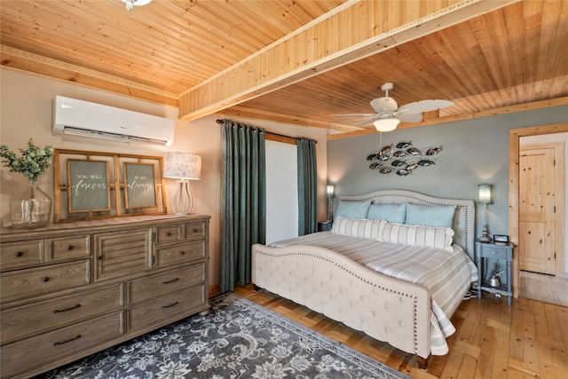 bedroom featuring wood ceiling, dark hardwood / wood-style floors, an AC wall unit, and ceiling fan