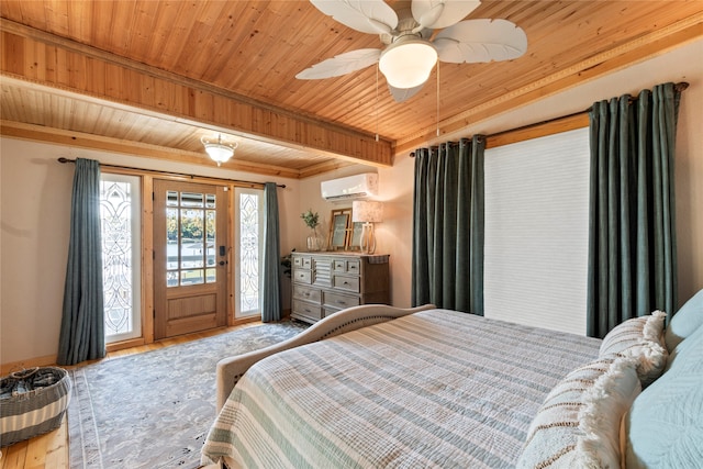 bedroom featuring wood-type flooring, wood ceiling, access to exterior, ceiling fan, and a wall unit AC