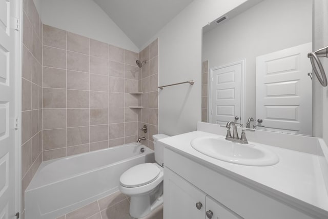 full bathroom with vanity, visible vents, tile patterned flooring, shower / tub combination, and toilet