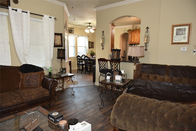 living room featuring dark wood-type flooring, ornamental molding, and ceiling fan