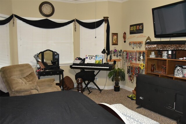 bedroom with carpet and ornamental molding