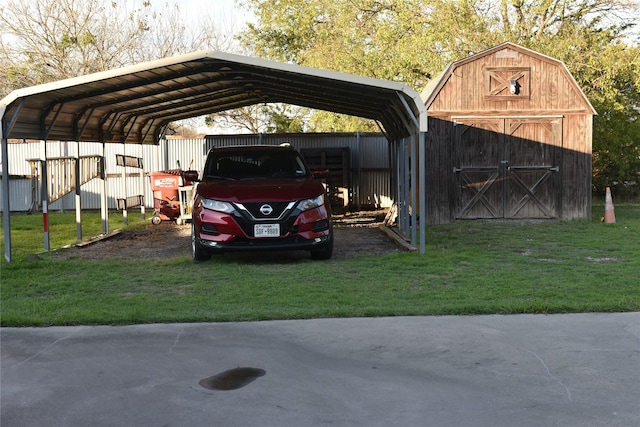 view of parking with a carport and a lawn