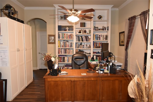 office area featuring crown molding, dark hardwood / wood-style floors, and ceiling fan