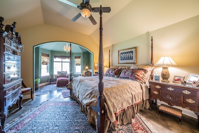 bedroom featuring ceiling fan, carpet flooring, and lofted ceiling