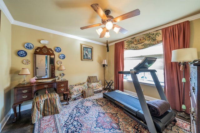 workout room with ornamental molding and ceiling fan