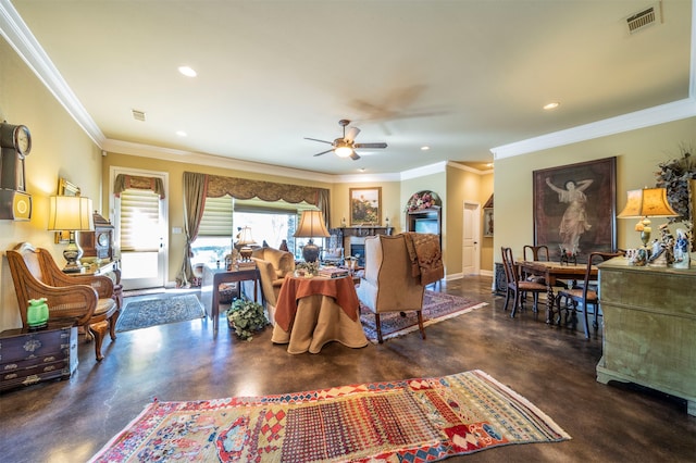 living room with crown molding and ceiling fan