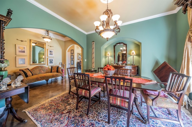 carpeted dining space featuring crown molding and a chandelier