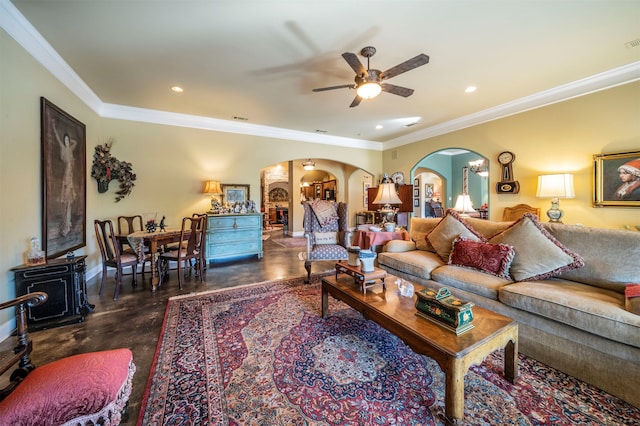 living room featuring crown molding and ceiling fan