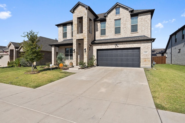 view of front of house featuring brick siding, fence, concrete driveway, a front yard, and a garage