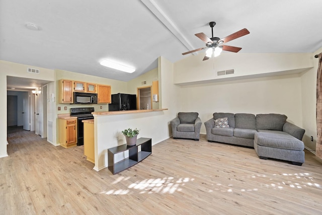 living room featuring ceiling fan, light wood-type flooring, and vaulted ceiling with beams