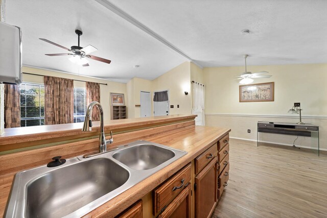 kitchen with sink, butcher block countertops, and light hardwood / wood-style flooring