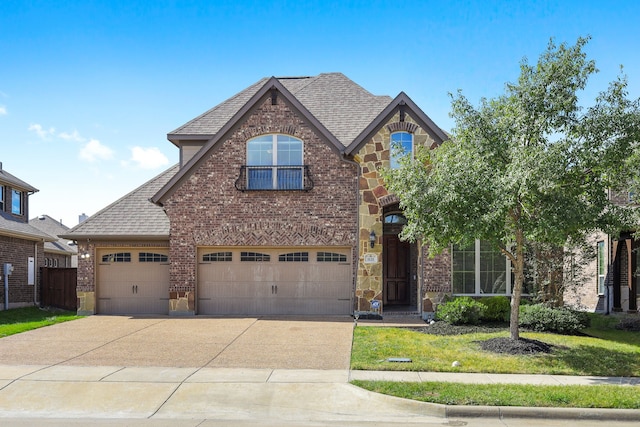 view of front of property featuring a front lawn and a garage