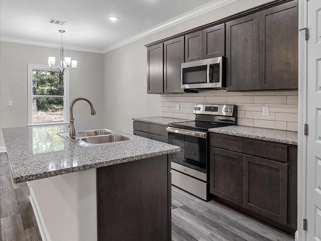 kitchen with dark brown cabinets, an island with sink, appliances with stainless steel finishes, light hardwood / wood-style flooring, and sink