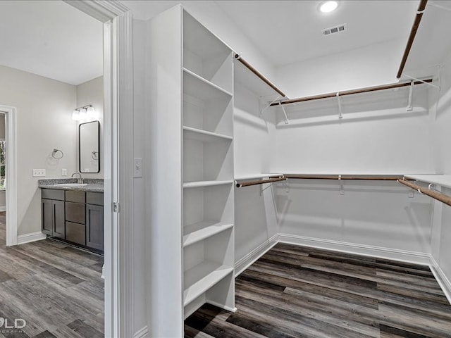 spacious closet with dark hardwood / wood-style floors and sink