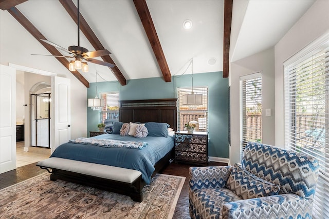 bedroom with wood-type flooring, lofted ceiling with beams, and ceiling fan