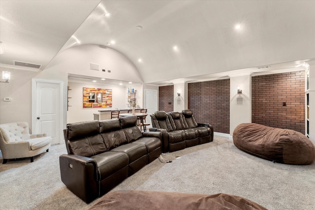 carpeted cinema with vaulted ceiling