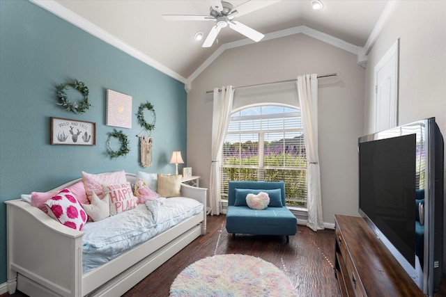 interior space with ceiling fan, dark hardwood / wood-style flooring, crown molding, and vaulted ceiling