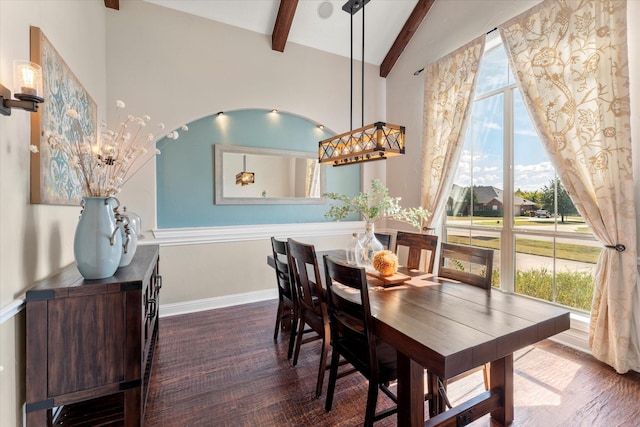 dining room featuring dark hardwood / wood-style flooring, lofted ceiling with beams, and a wealth of natural light