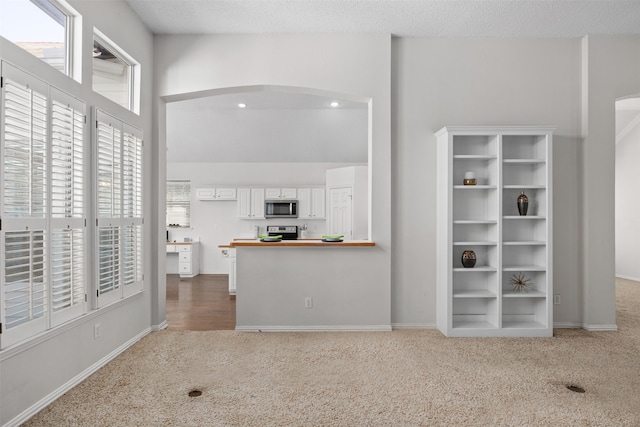 unfurnished living room featuring carpet and a textured ceiling