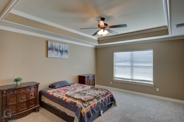 carpeted bedroom with ornamental molding