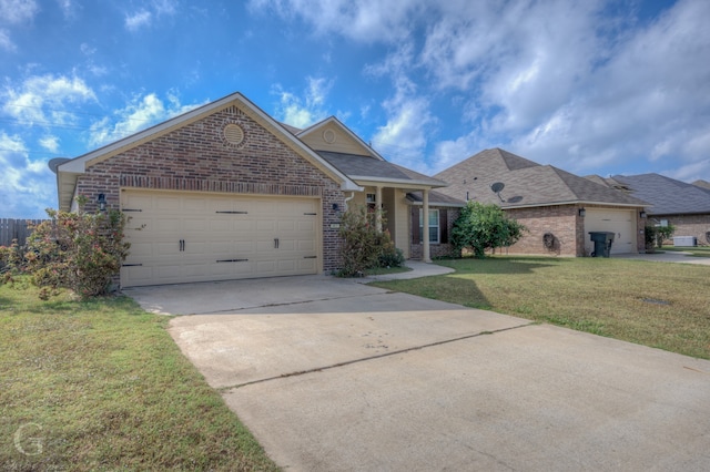 view of front of home with a front lawn and a garage