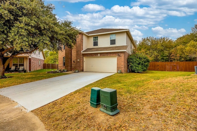 front facade with a garage and a front lawn