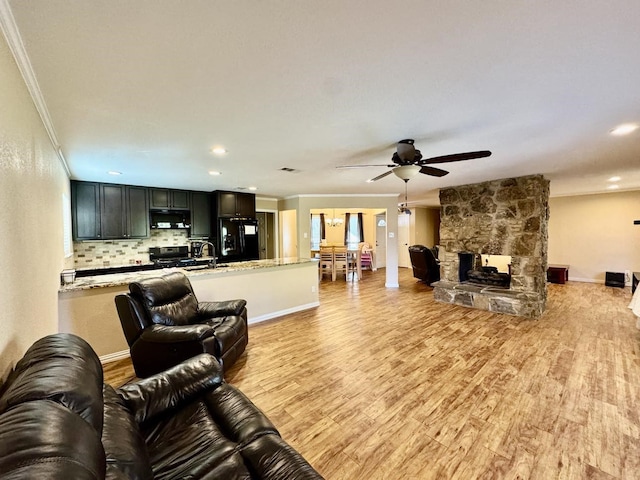 living room with ornamental molding, sink, light hardwood / wood-style floors, and a stone fireplace