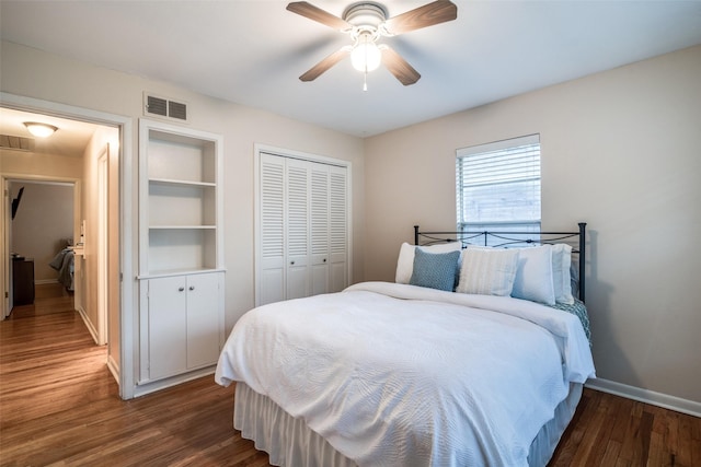 bedroom featuring ceiling fan, dark hardwood / wood-style flooring, and a closet