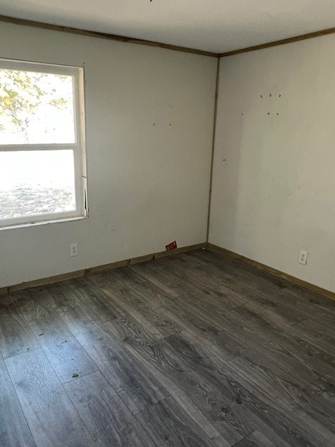 empty room with dark hardwood / wood-style flooring and crown molding