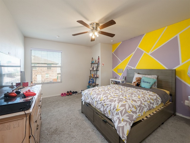 bedroom featuring light colored carpet and ceiling fan