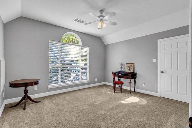 4604 Wisdom Creek Ct, Flower Mound, TX 75022 - interior space with visible vents, a ceiling fan, vaulted ceiling, and carpet flooring