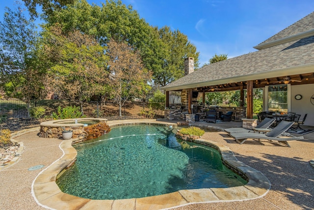 view of pool with a gazebo, an in ground hot tub, a patio, and ceiling fan