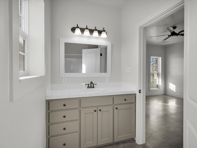 bathroom with ceiling fan, vanity, and concrete floors