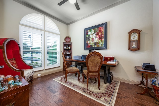 interior space with ornamental molding, dark hardwood / wood-style floors, and ceiling fan