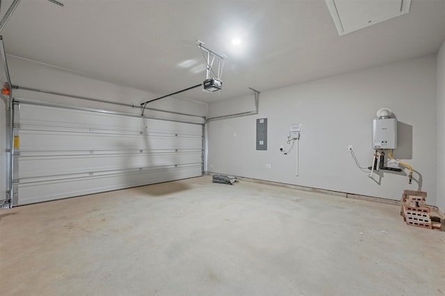 garage with a garage door opener and electric panel