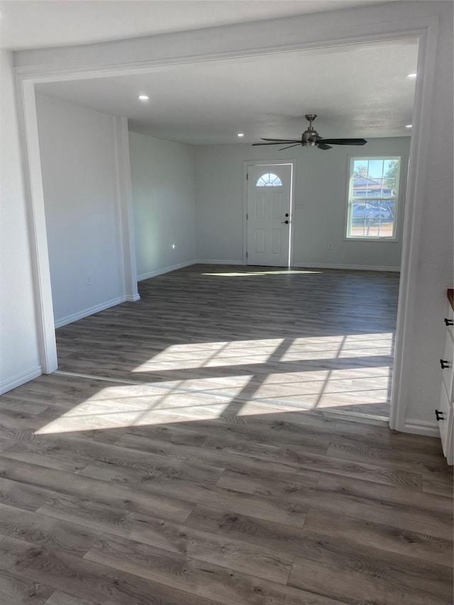 entryway featuring dark hardwood / wood-style flooring and ceiling fan