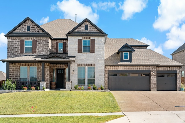 view of front of property with a front yard and a garage