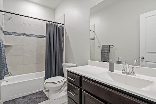 full bathroom with vanity, shower / bath combination with curtain, toilet, and tile patterned floors