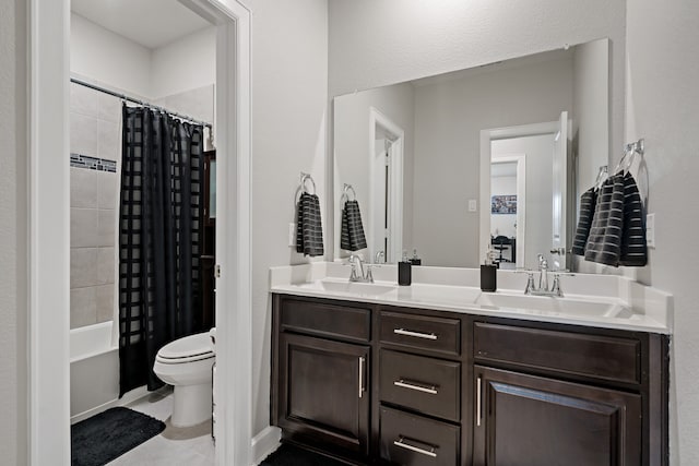 full bathroom with vanity, toilet, shower / bath combination with curtain, and tile patterned flooring