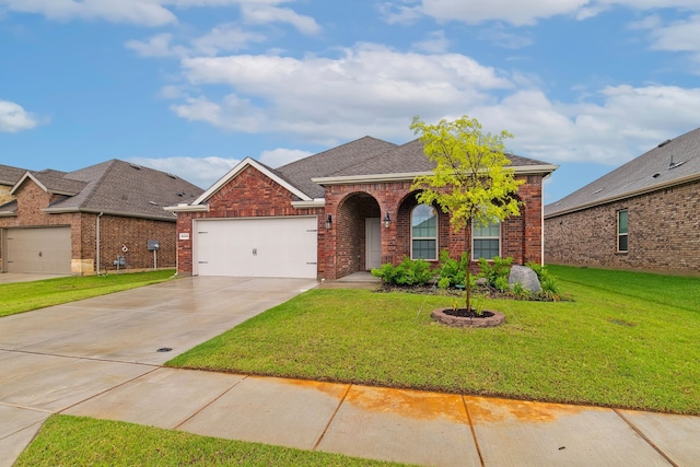 view of front of home with a garage and a front lawn