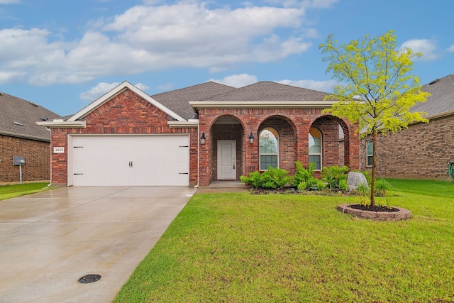 view of front of house featuring a front yard and a garage