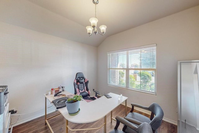 office with an inviting chandelier, vaulted ceiling, and dark wood-type flooring